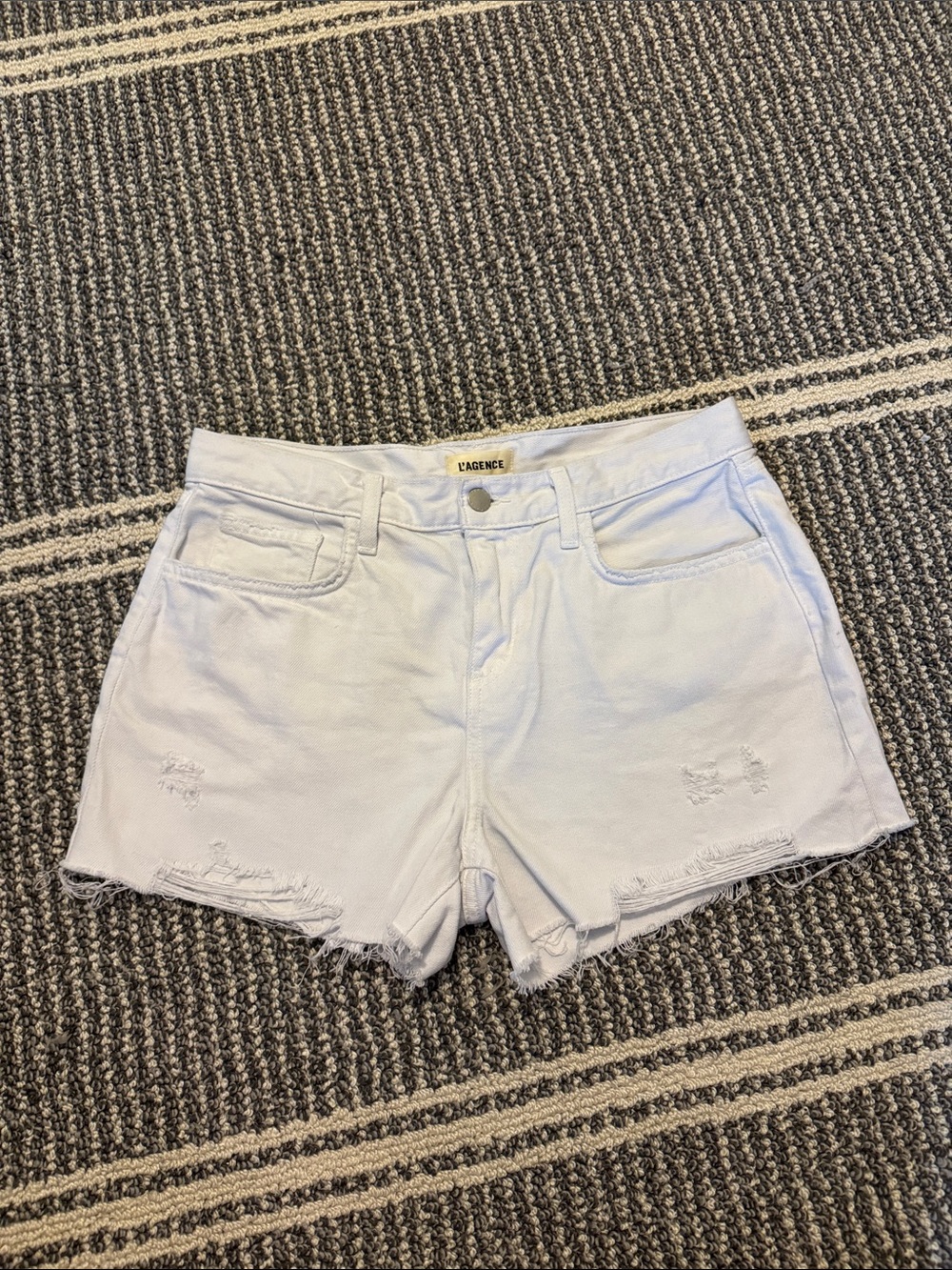 L'AGENCE White Distressed Cutoff Denim Shorts